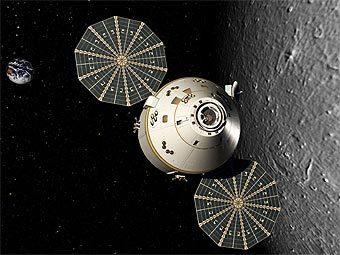Космический корабль "Орион" приближается к поверхности Луны. Изображение Lockheed Martin Corp.  Космический корабль "Орион" приближается к поверхности Луны. Изображение Lockheed Martin Corp.