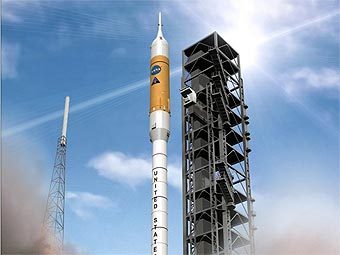 Художественное представление старта ракеты "Арес I". Изображение NASA/MSFC  Художественное представление старта ракеты "Арес I". Изображение NASA/MSFC