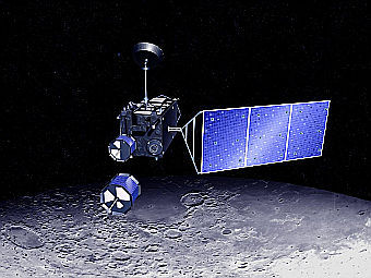 Компьютерная модель зонда "Кагуя" на фоне Луны. Изображение JAXA Компьютерная модель зонда "Кагуя" на фоне Луны. Изображение JAXA